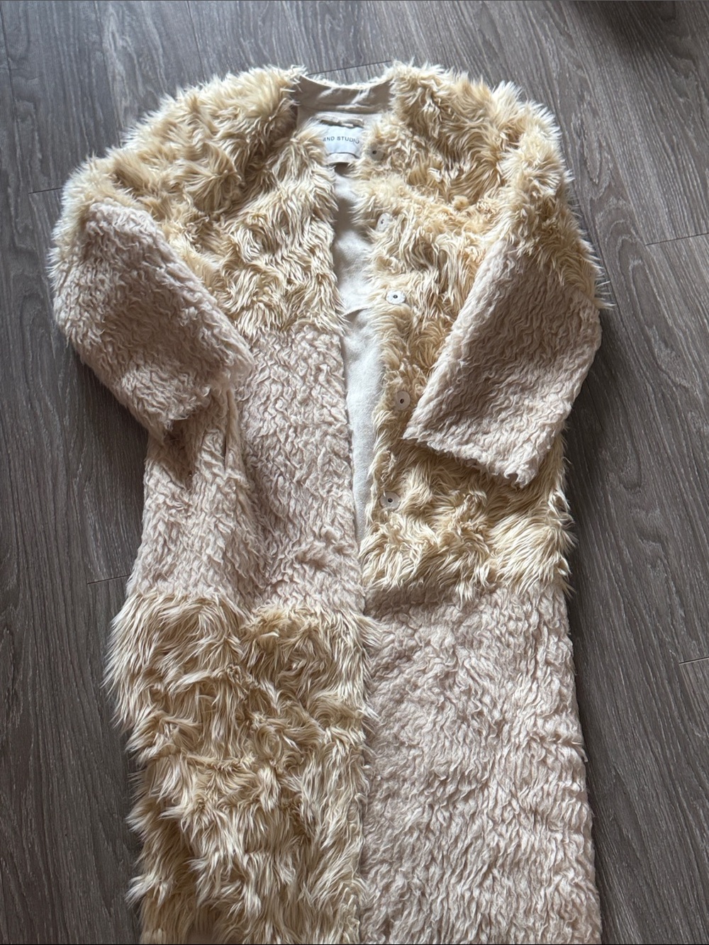 STAND STUDIO vintage style long Two-Tone Faux Fur Coat in Cream